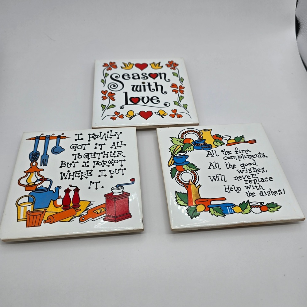 Vintage Set of 3 Kitchen Humor Ceramic Tiles Trivets Wall Decor Taiwan Retro